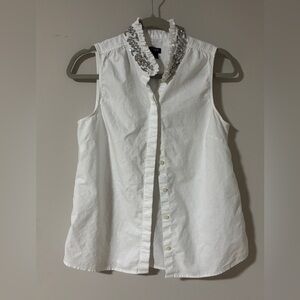 J Crew Sz 6 Sleeveless Embellished Collar White Button-Front Top